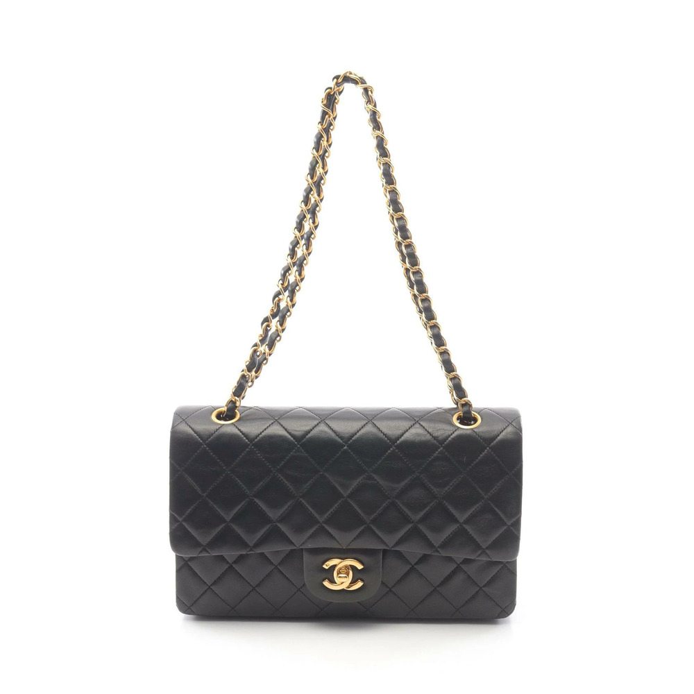 Chanel Matelasse Double Flap Shoulder Bag Lambskin Leather Black